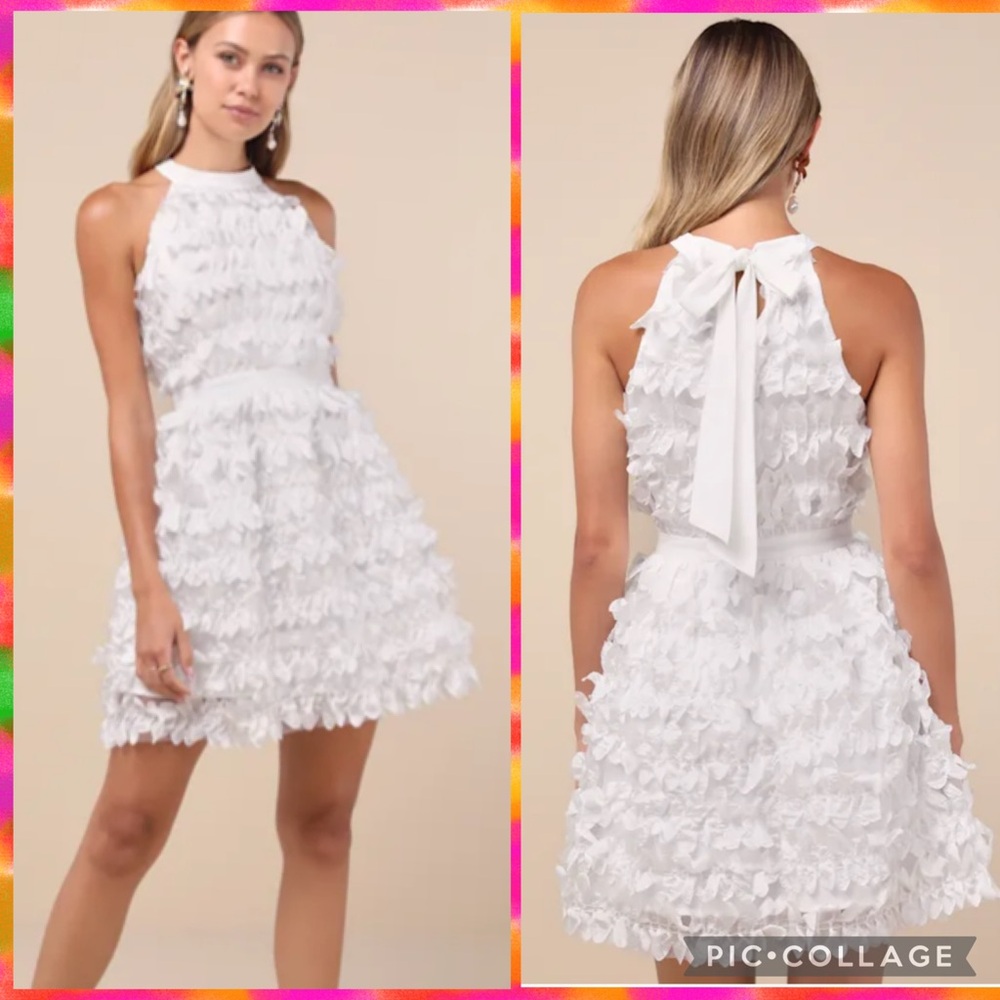 Lulus Women’s Medium Dearly Adored White Applique Halter Sleeveless Mini Dress